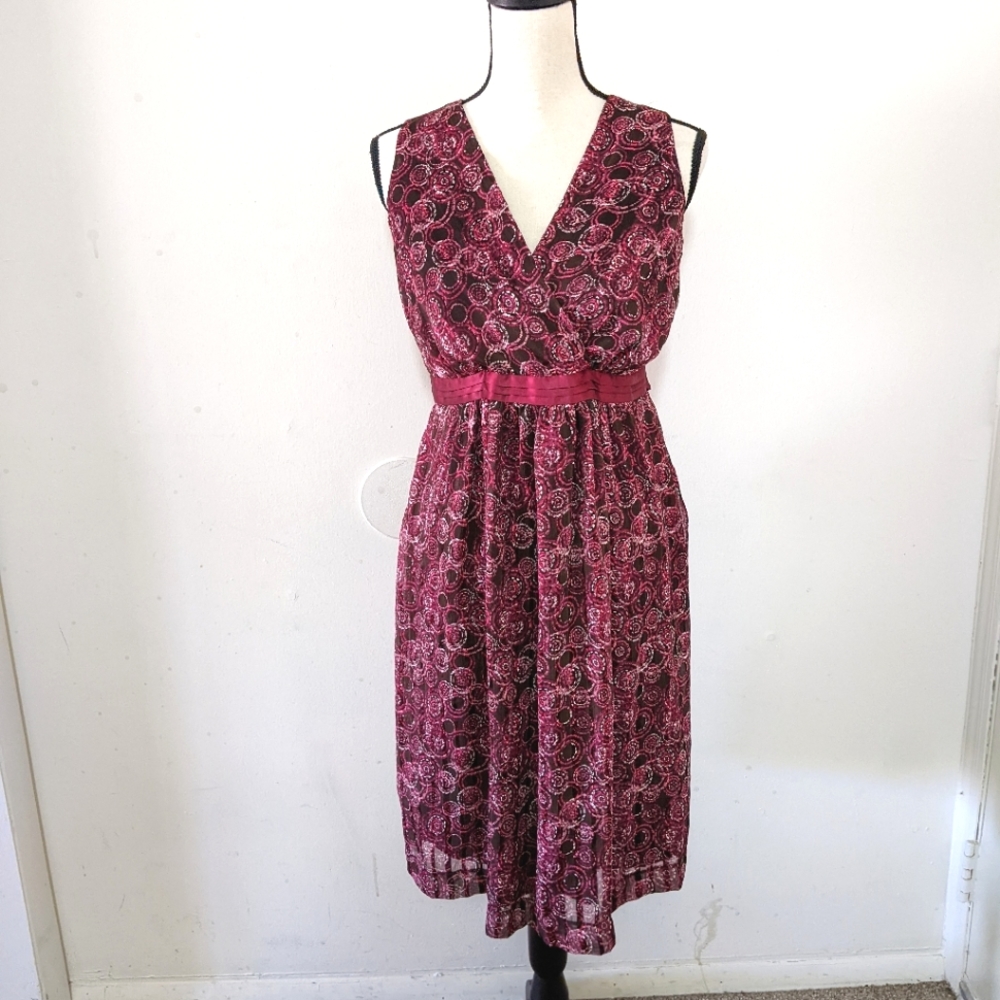 🌟 Motherhood Berry Red Paisley Faux Wrap Waist Belt Dress Size Small